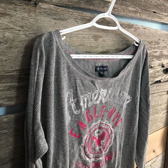 American Eagle Size Large Grey Logo Waffle Material Long Sleeve Top - Picture 2 of 5